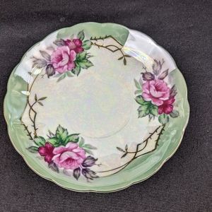 Vintage green pink & gold lefton cabbage rose saucer